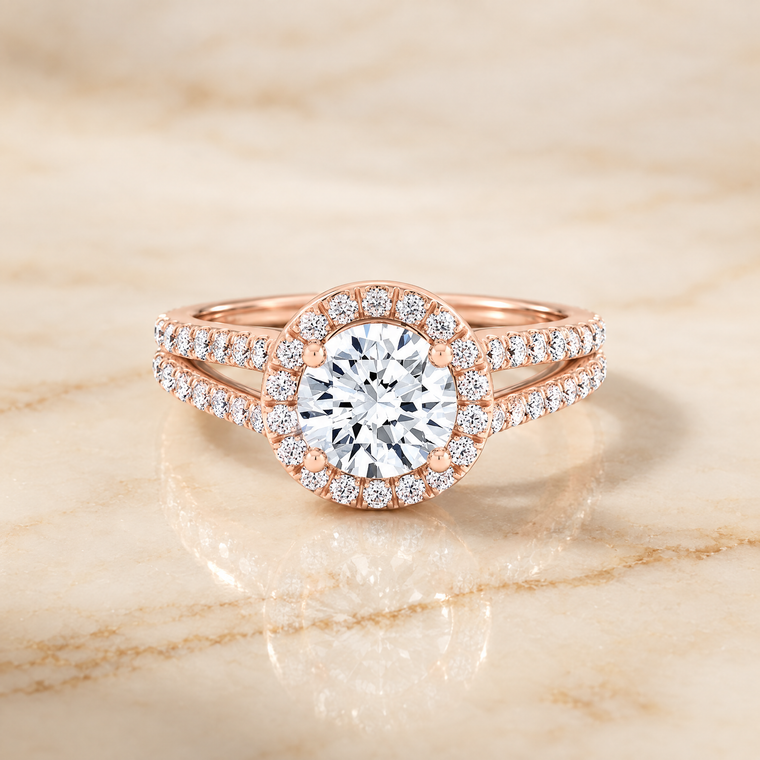 The Celine Two Row Pavé Split Shank Halo Round Engagement Ring Setting in 14K Rose Gold
