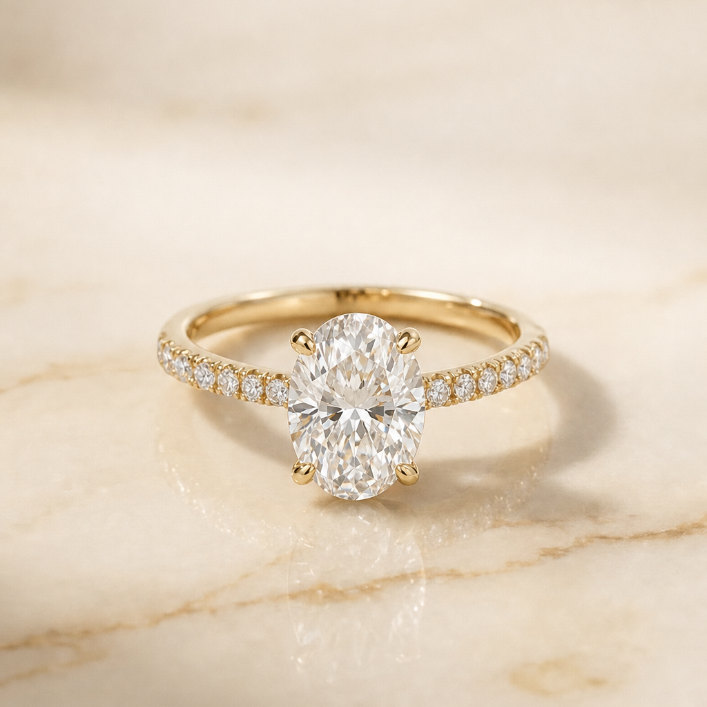 The Donna Cathedral French Pavé Solitaire Oval Engagement Ring Setting in 18K Yellow Gold