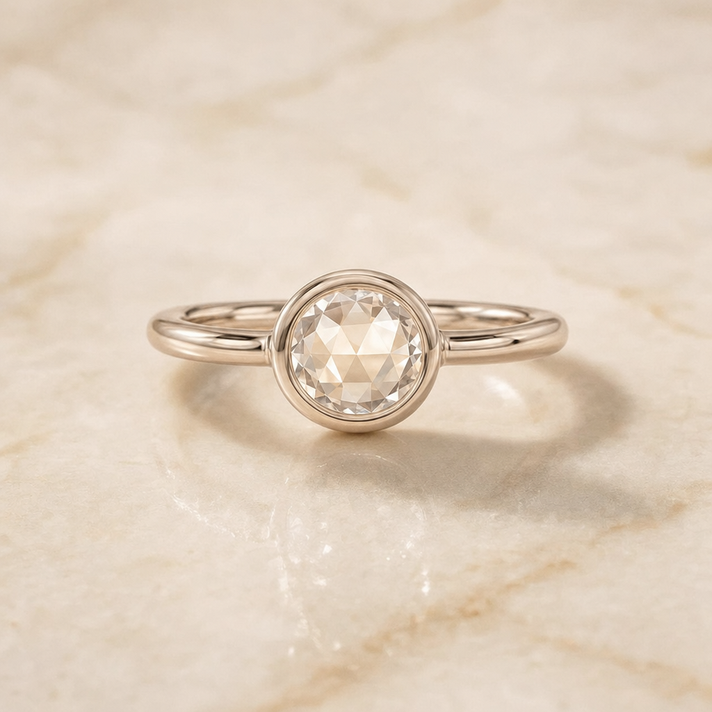 The Agnes Bezel Solitaire In Rose Cut Engagement Ring Setting in 18K White Gold