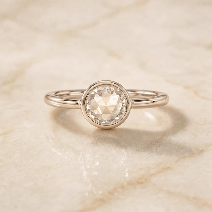 The Agnes Bezel Solitaire In Rose Cut Engagement Ring Setting in 18K White Gold