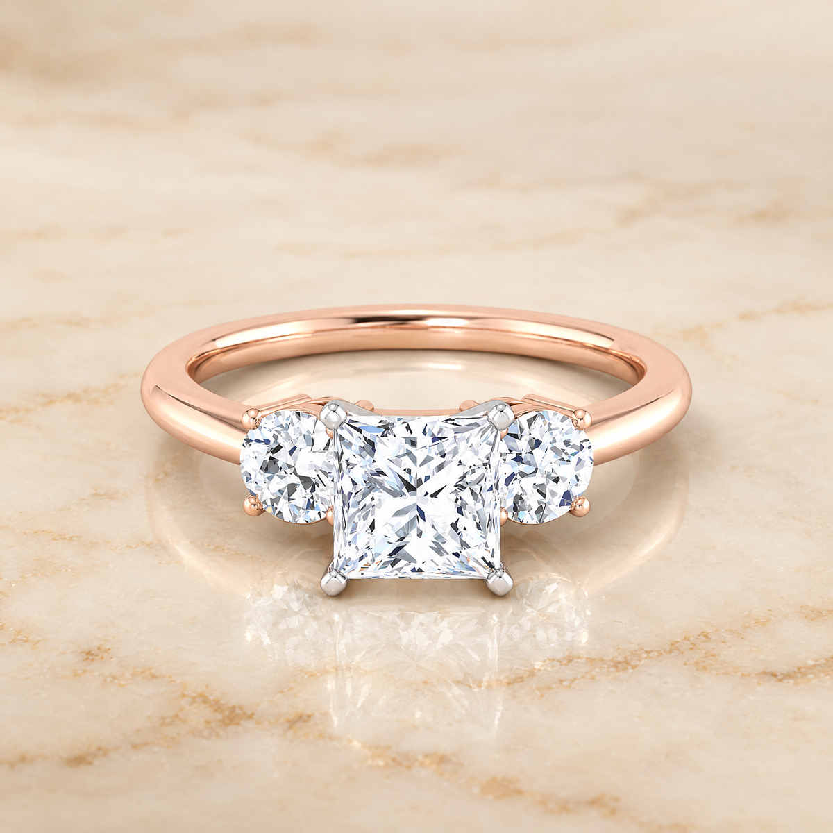 The Anita Classic Three Stone Princess Cut Engagement Ring Setting in 14K Rose Gold