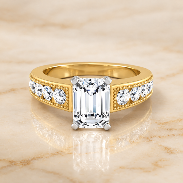 The Eleanor Antique Milgrain Channel Solitaire Emerald Cut Engagement Ring Setting in 18K Yellow Gold