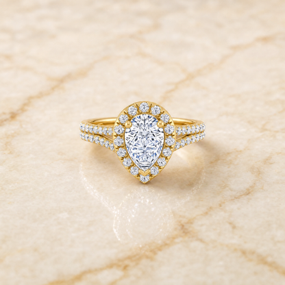 The Lira French Pavé Split Shank Halo Pear Engagement Ring Setting in 18K Yellow Gold