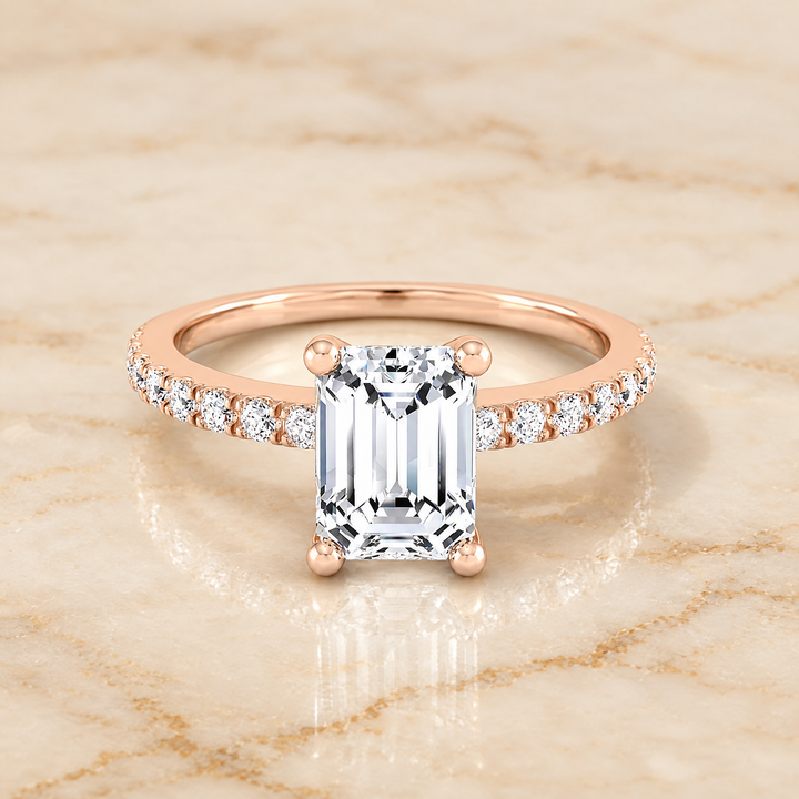 The Norah Classic Linear French Pavé Emerald Cut Engagement Ring Setting in 14K Rose Gold