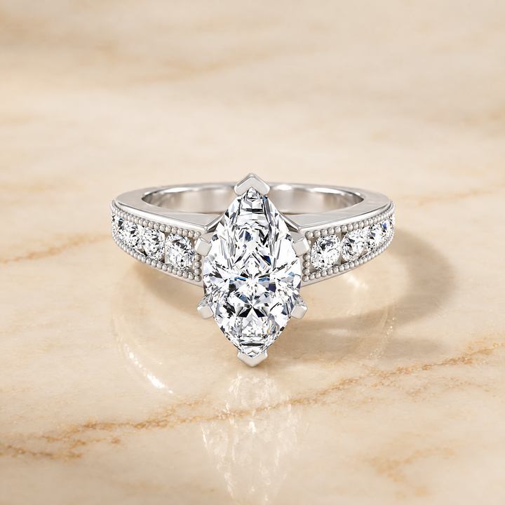 The Eleanor Antique Milgrain Channel Solitaire Marquise Engagement Ring Setting in 18K White Gold