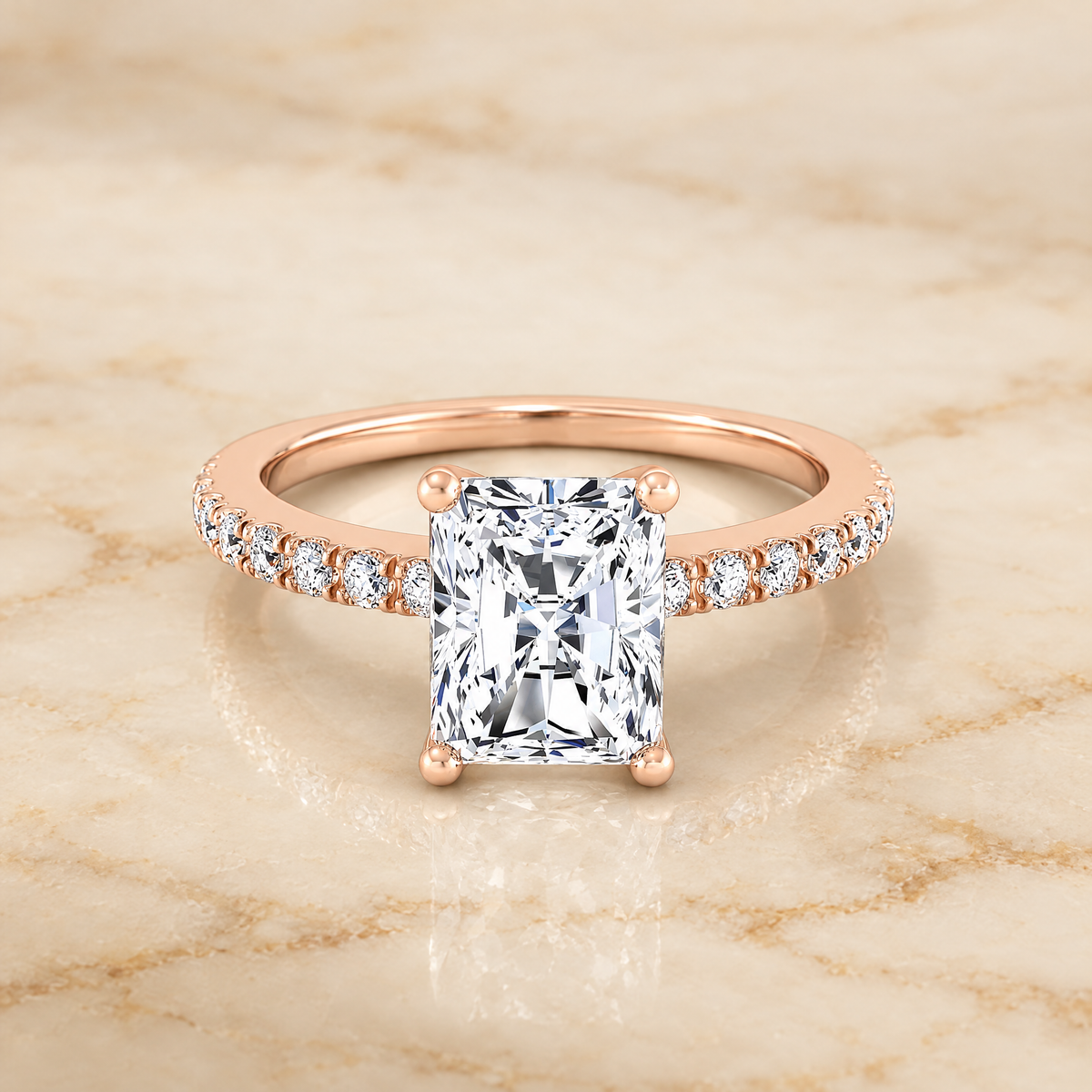 The Norah Classic Linear French Pavé Radiant Cut Engagement Ring Setting in 14K Rose Gold
