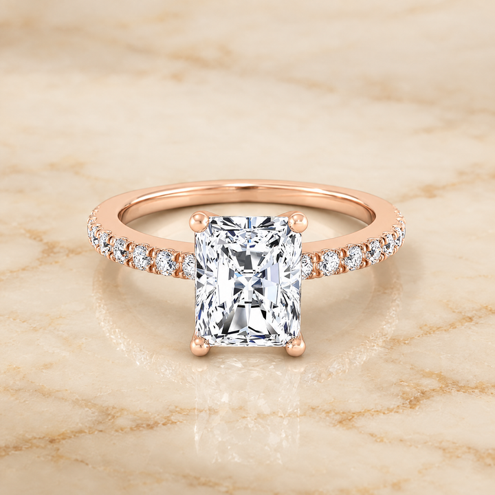 The Norah Classic Linear French Pavé Radiant Cut Engagement Ring Setting in 14K Rose Gold