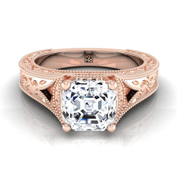 The Janis Hand Engraved Milgrain Vintage Solitaire Asscher Cut Engagement Ring Setting in 14K Rose Gold