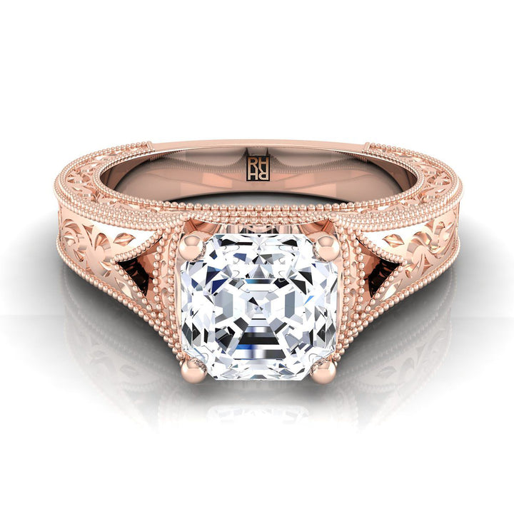 Hand-Engraved Milgrain Vintage Solitaire Asscher, in 14K Rose Gold | RockHer