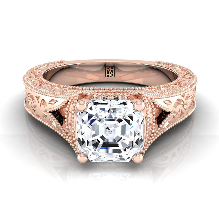 The Janis Hand Engraved Milgrain Vintage Solitaire Asscher Cut Engagement Ring Setting in 14K Rose Gold