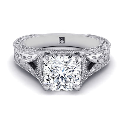 Hand-Engraved Milgrain Vintage Solitaire Asscher, in 18K White Gold, prong setting | RockHer