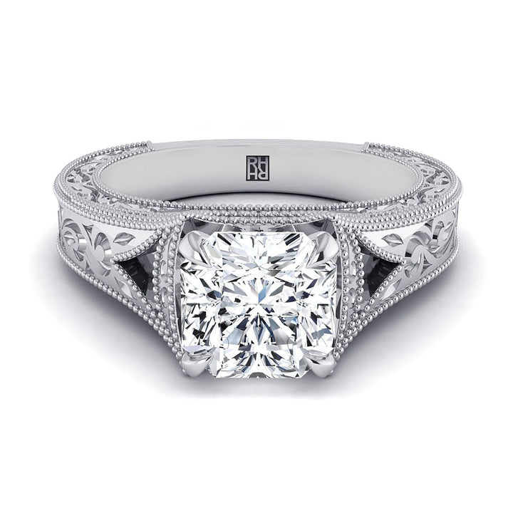 Hand-Engraved Milgrain Vintage Solitaire Asscher, in 18K White Gold, prong setting | RockHer
