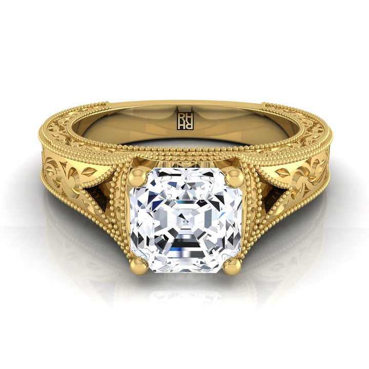 Hand-Engraved Milgrain Vintage Solitaire Asscher, in 18K Yellow Gold, prong setting | RockHer