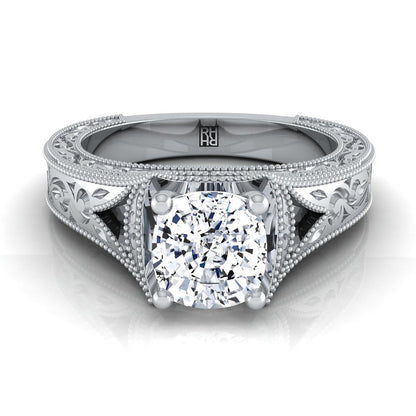 Hand-Engraved Milgrain Vintage Solitaire Cushion, in Platinum, prong setting | RockHer