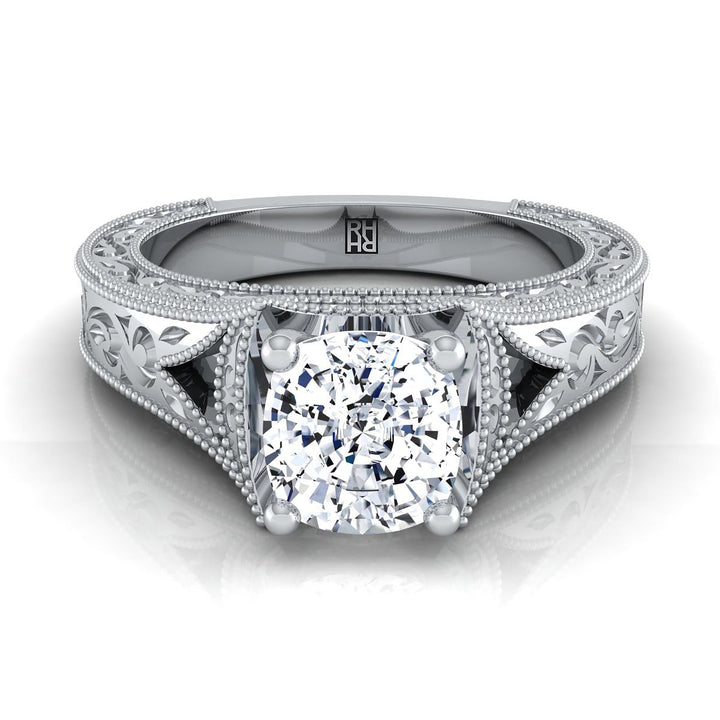 Hand-Engraved Milgrain Vintage Solitaire Cushion, in 18K White Gold, prong setting | RockHer
