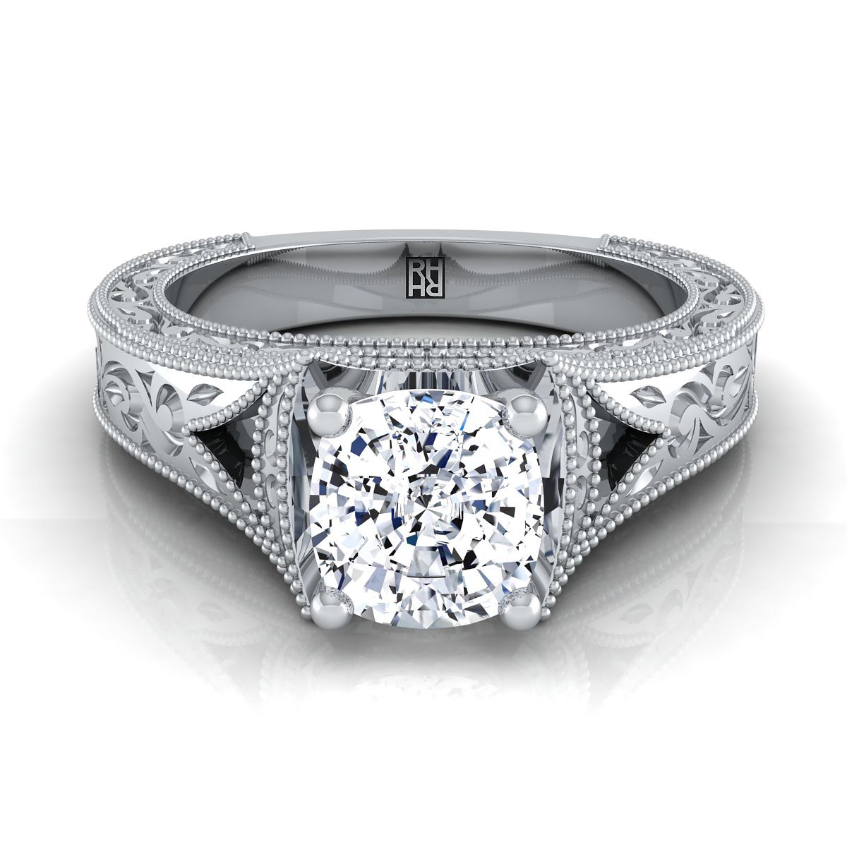 Janis Select Hand Engraved Milgrain Vintage Solitaire Cushion Cut Lab Diamond Engagement Ring in 18K White Gold | RockHer
