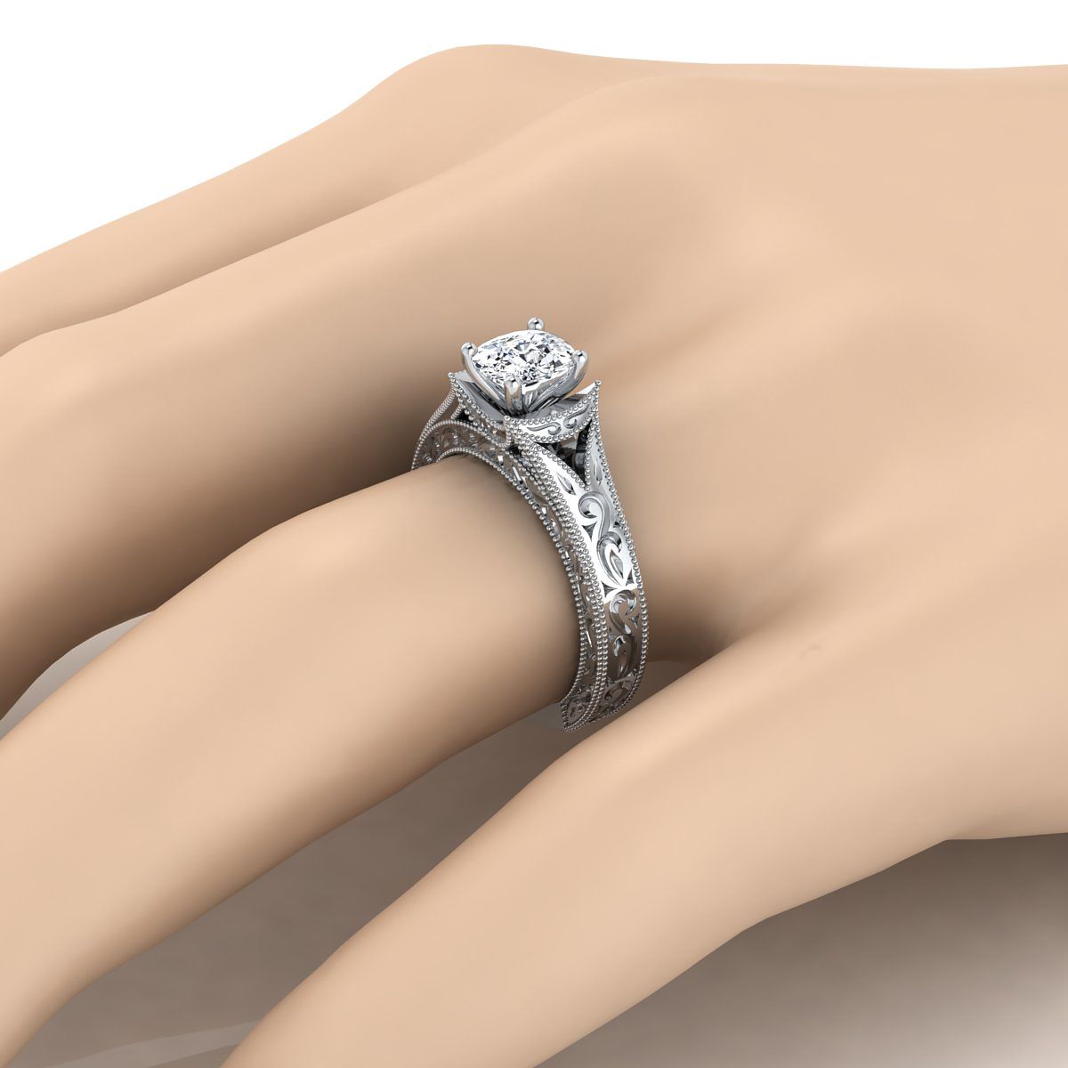 The Janis cushion setting in 18K White Gold, a select hand engraved milgrain vintage solitaire cut design from RockHer