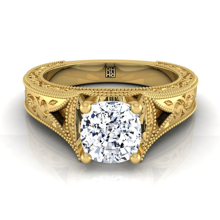 Hand-Engraved Milgrain Vintage Solitaire Cushion, in 18K Yellow Gold, prong setting | RockHer