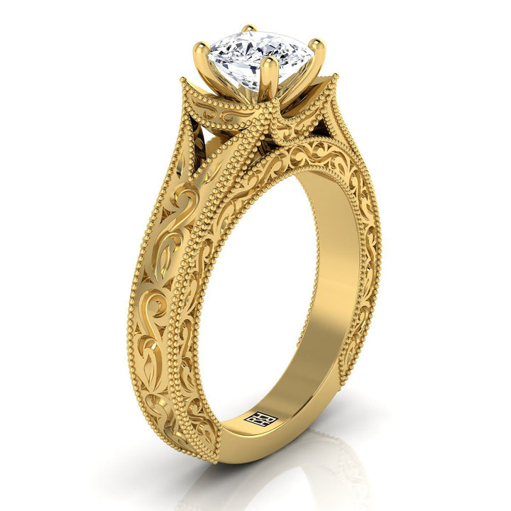 Janis Select Vintage Solitaire Cushion Cut Lab Diamond Engagement Ring in 18K Yellow Gold | RockHer
