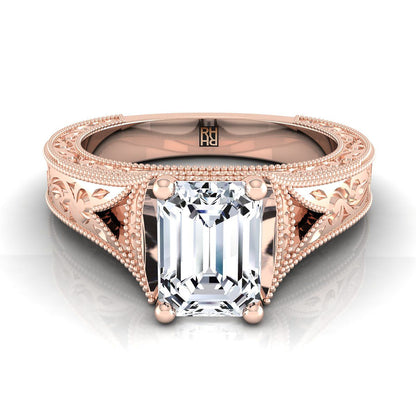 European Cut, Hand-Engraved Milgrain Vintage Solitaire Emerald, in 14K Rose Gold, prong setting | RockHer