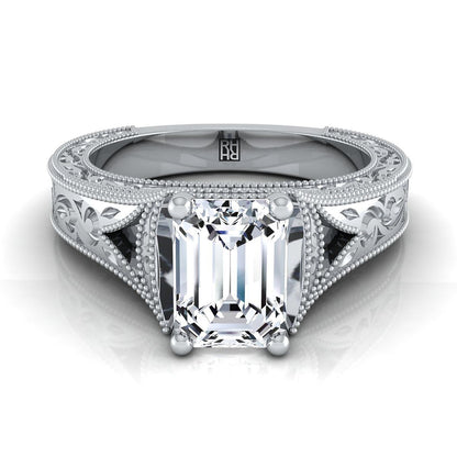 European Cut, Hand-Engraved Milgrain Vintage Solitaire Emerald, in Platinum, prong setting | RockHer