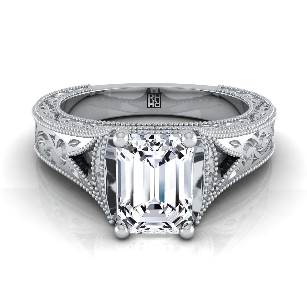 18K White Gold Emerald Cut Hand Engraved and Milgrain Vintage