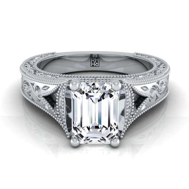 European Cut, Hand-Engraved Milgrain Vintage Solitaire Emerald, in 18K White Gold, prong setting | RockHer