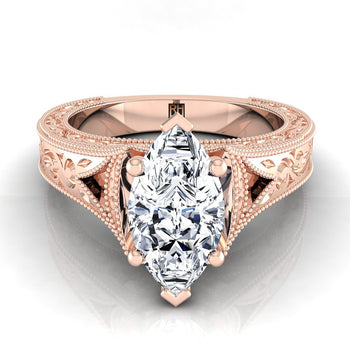 The Janis Hand Engraved Milgrain Vintage Solitaire Marquise Engagement Ring Setting in 14K Rose Gold