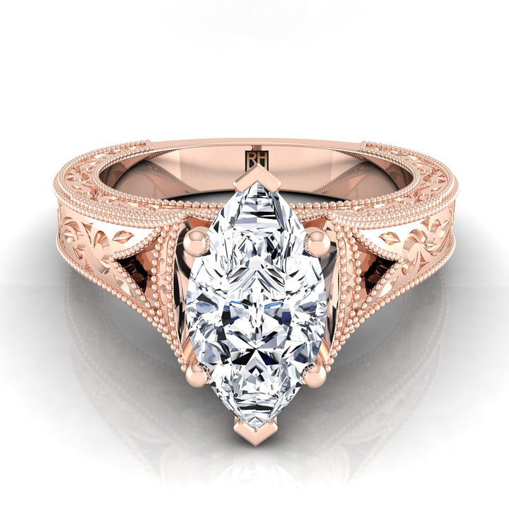 Hand-Engraved Milgrain Vintage Solitaire Marquise, in 14K Rose Gold, prong setting | RockHer