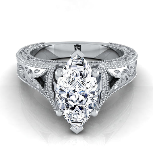 Platinum Marquise   Hand Engraved and Milgrain Vintage Solitaire Engagement Ring