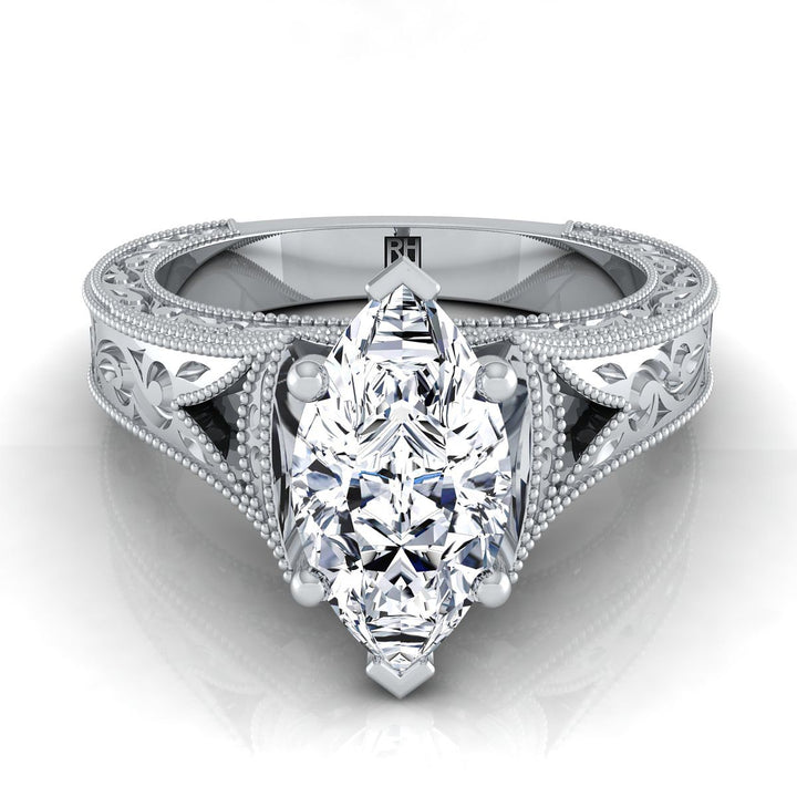 Hand-Engraved Milgrain Vintage Solitaire Marquise, in Platinum, prong setting | RockHer