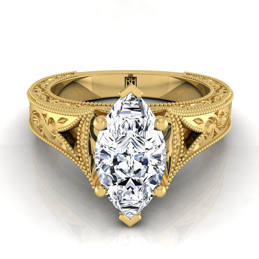 14K Yellow Gold Marquise   Hand Engraved and Milgrain Vintage Solitaire Engagement Ring