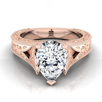 The Janis Hand Engraved Milgrain Vintage Solitaire Pear Engagement Ring Setting in 14K Rose Gold