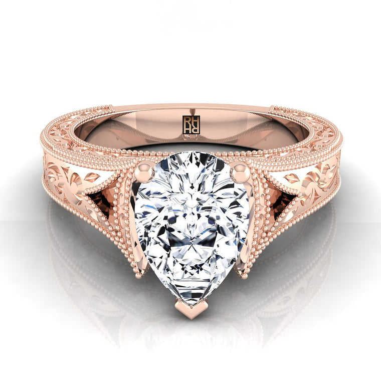 The Janis Hand Engraved Milgrain Vintage Solitaire Pear Engagement Ring Setting in 14K Rose Gold