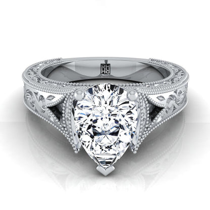 Hand-Engraved Milgrain Vintage Solitaire Pear Shape, in 18K White Gold, prong setting | RockHer