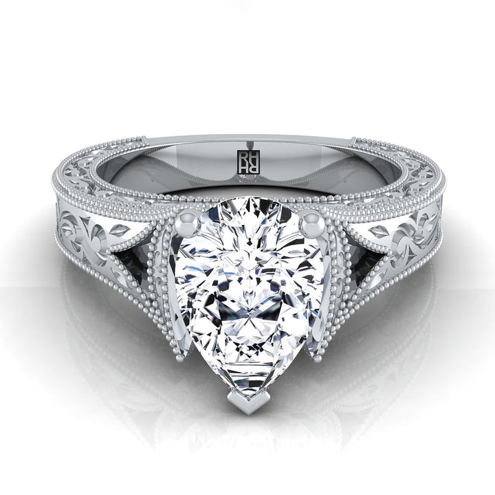 Hand-Engraved Milgrain Vintage Solitaire Pear Shape, in 18K White Gold, prong setting | RockHer
