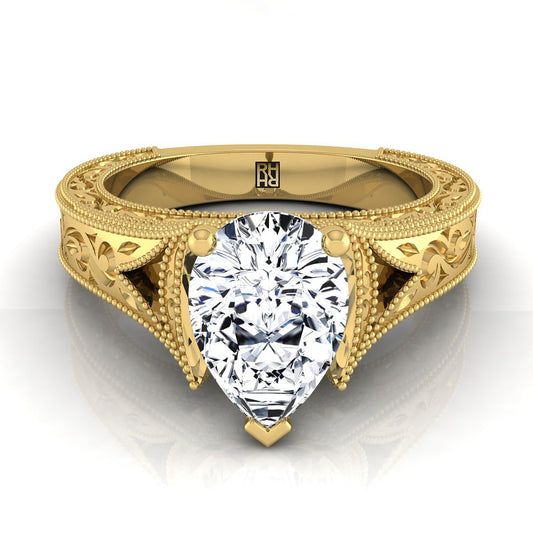 14K Yellow Gold Pear Shape Center  Hand Engraved and Milgrain Vintage Solitaire Engagement Ring