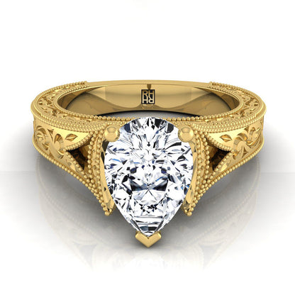 Hand-Engraved Milgrain Vintage Solitaire Pear Shape, in 18K Yellow Gold, prong setting | RockHer