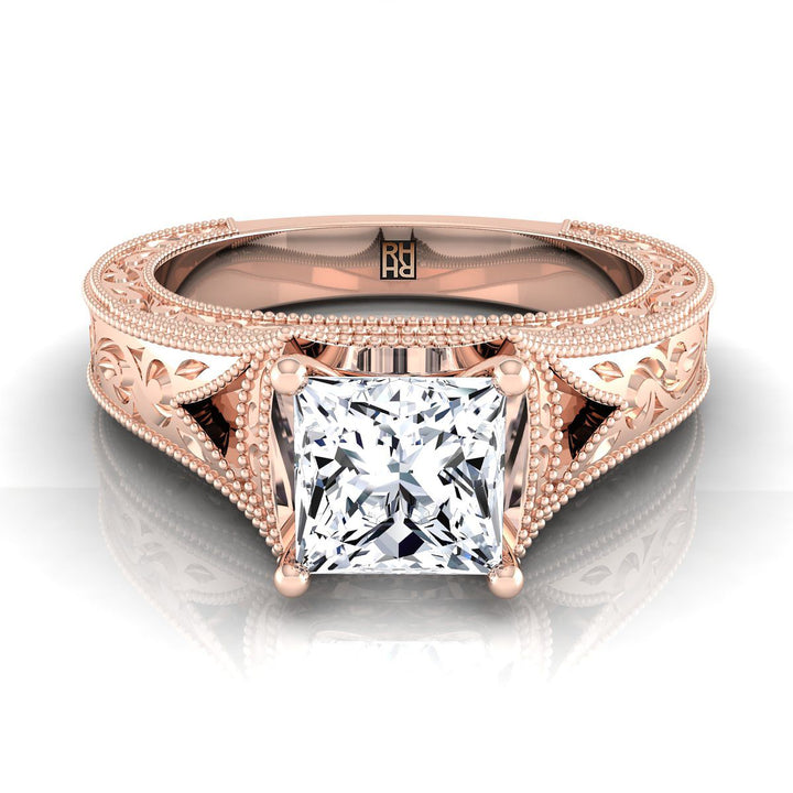 Hand-Engraved Milgrain Vintage Solitaire Princess, in 14K Rose Gold, prong setting | RockHer