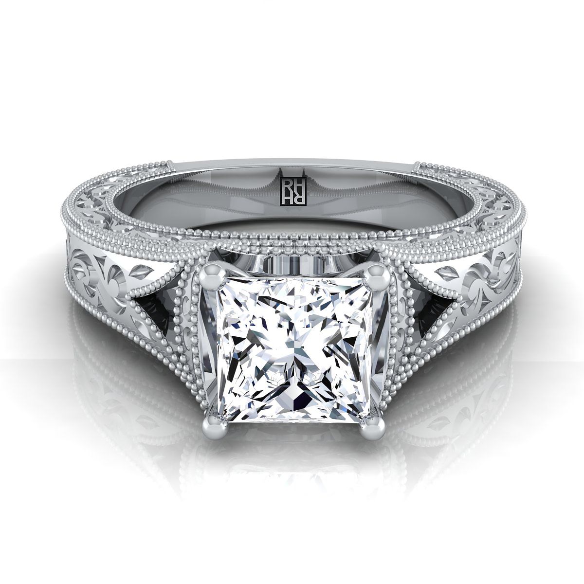 14K White Gold Princess Cut Hand Engraved and Milgrain Vintage Solitai