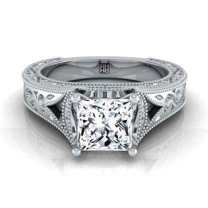 Hand-Engraved Milgrain Vintage Solitaire Princess, in Platinum, prong setting | RockHer
