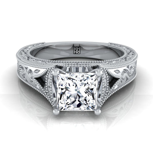Platinum Princess Cut  Hand Engraved and Milgrain Vintage Solitaire Engagement Ring