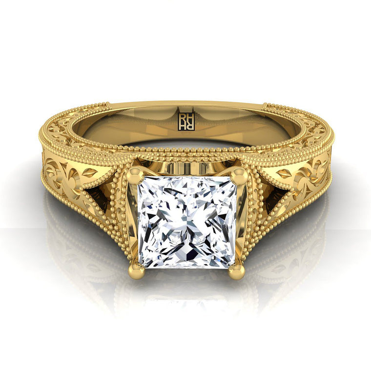 The Janis Select Vintage Solitaire Princess Cut Lab Diamond Engagement Ring in 18K Yellow Gold