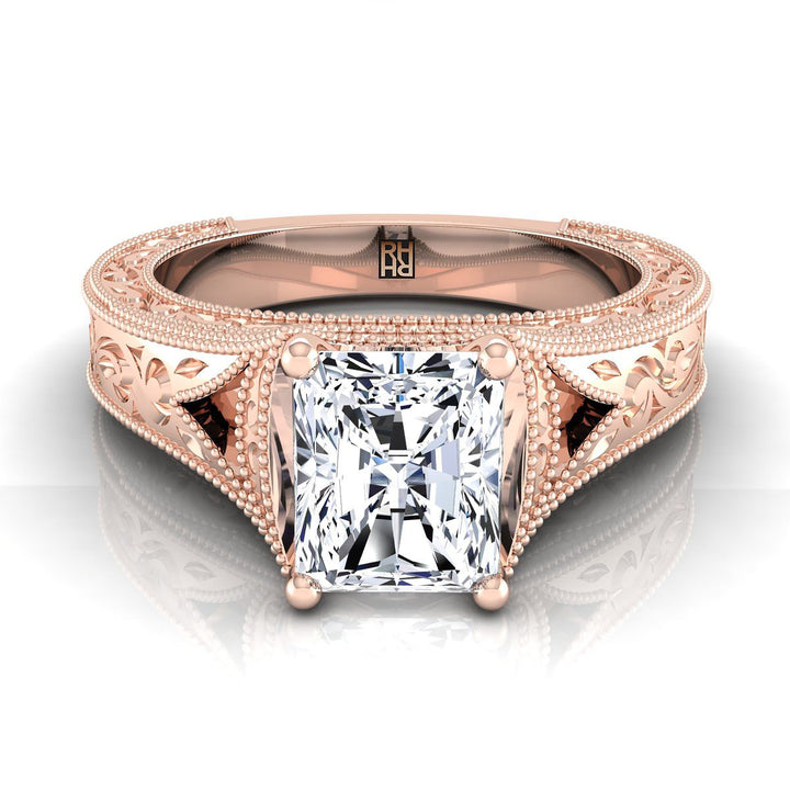 Hand-Engraved Milgrain Vintage Solitaire Radiant, in 14K Rose Gold, prong setting | RockHer