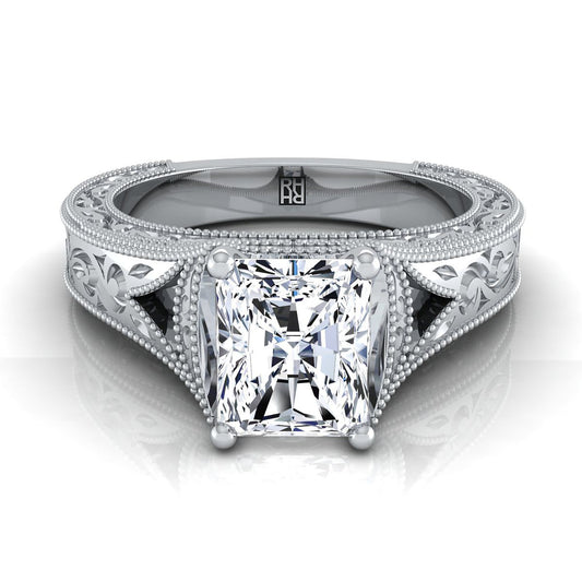 14K White Gold Radiant Cut Center  Hand Engraved and Milgrain Vintage Solitaire Engagement Ring
