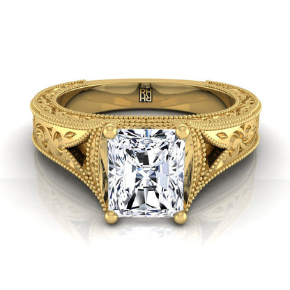 Hand-Engraved Milgrain Vintage Solitaire Radiant, in 18K Yellow Gold, prong setting | RockHer