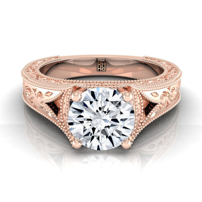 Round Brilliant, Hand-Engraved Milgrain Vintage Solitaire, in 14K Rose Gold, prong setting | RockHer