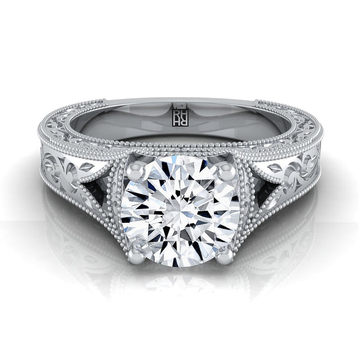 Round Brilliant, Hand-Engraved Milgrain Vintage Solitaire, in 18K White Gold, prong setting | RockHer