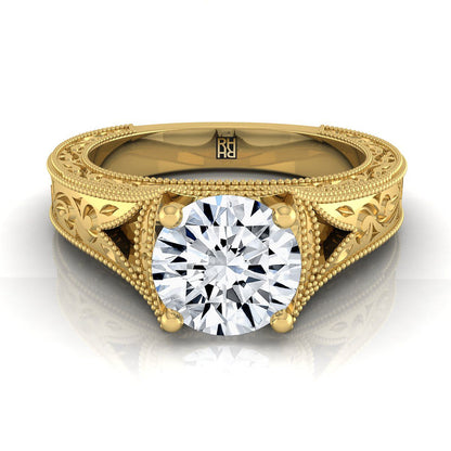 Round Brilliant, Hand-Engraved Milgrain Vintage Solitaire, in 18K Yellow Gold, prong setting | RockHer
