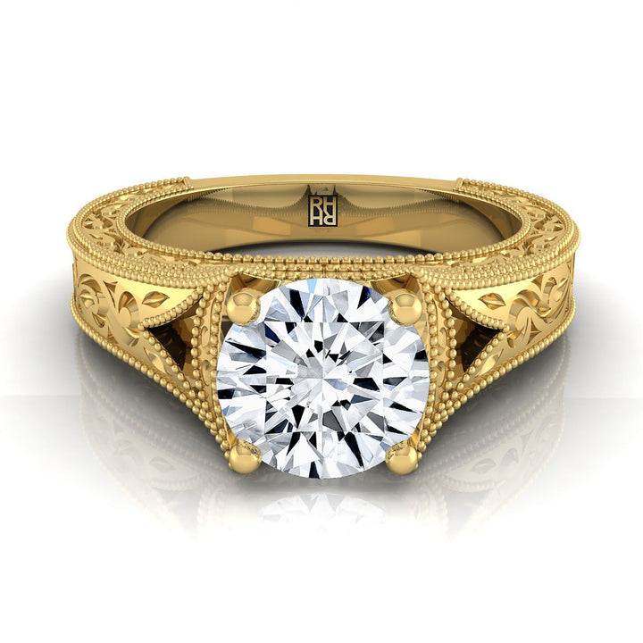 Round Brilliant, Hand-Engraved Milgrain Vintage Solitaire, in 18K Yellow Gold, prong setting | RockHer